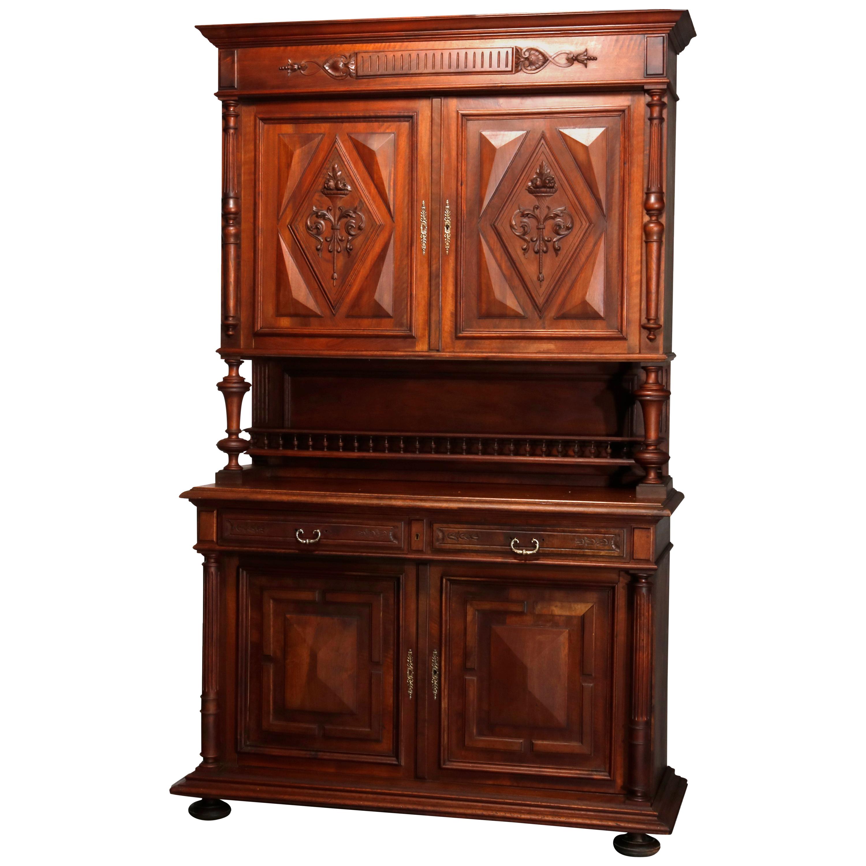 Antique French Renaissance Carved Walnut Cupboard with Torchieres, 19th Century For Sale