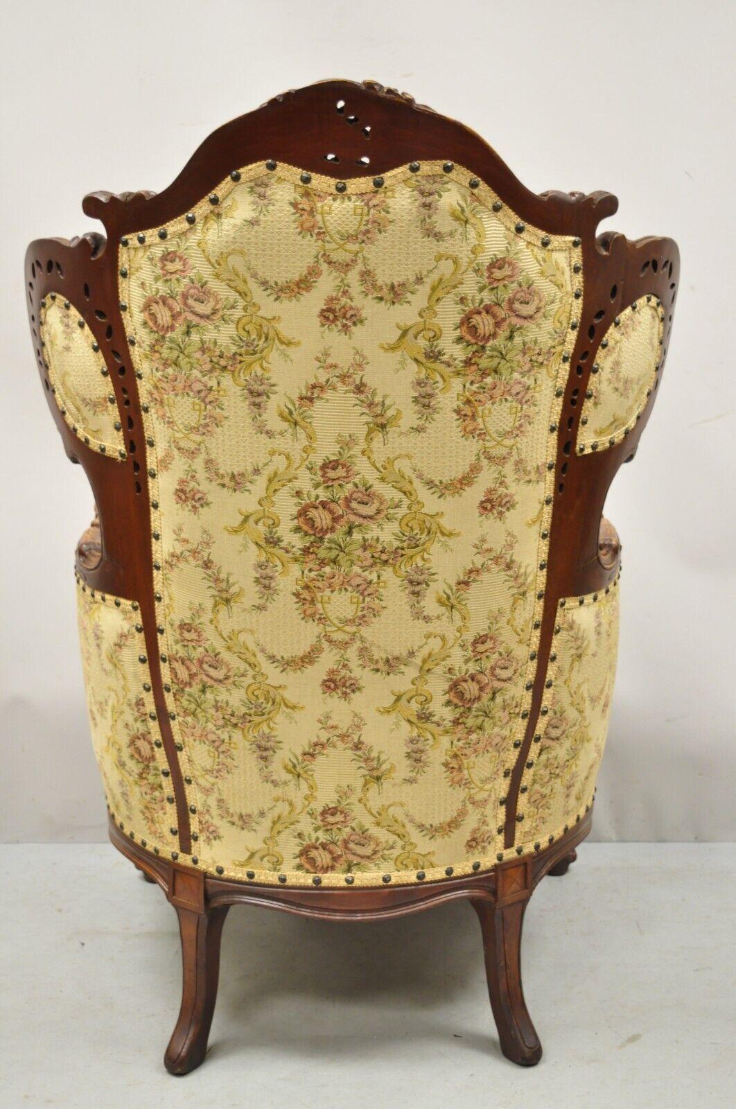 Antique French Renaissance Carved Walnut Figural Fireside Lounge Wingback Chair 6