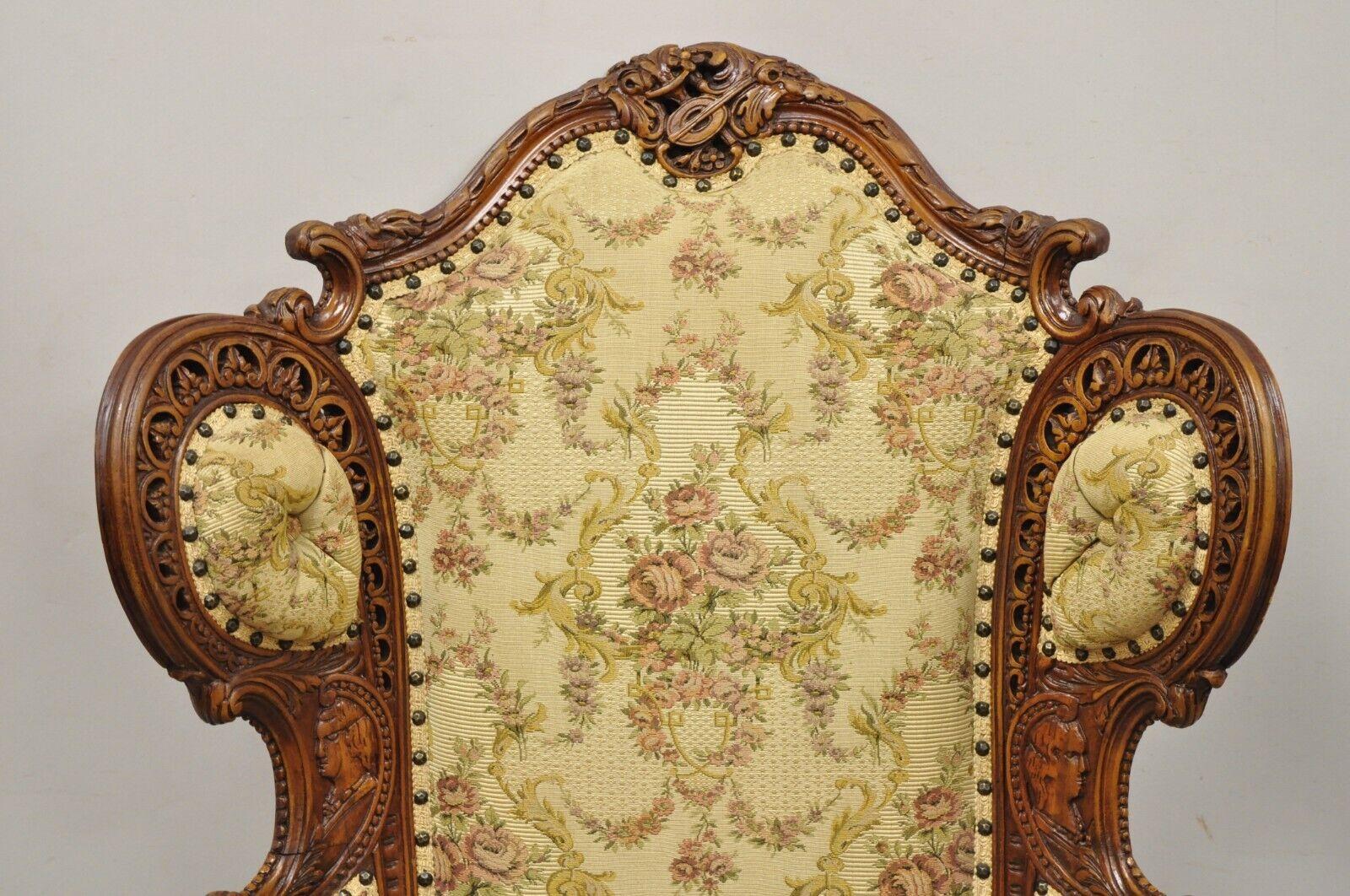 Antique French Renaissance Carved Walnut Figural Fireside Lounge Wingback Chair 2
