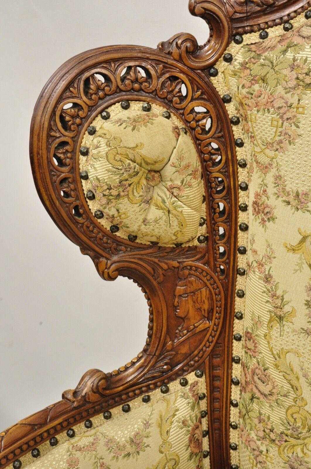 Antique French Renaissance Carved Walnut Figural Fireside Lounge Wingback Chair 3