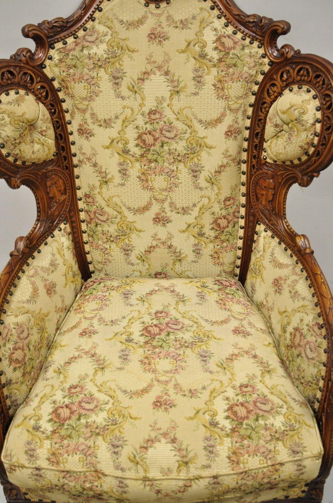 Antique French Renaissance Carved Walnut Figural Fireside Lounge Wingback Chair 4