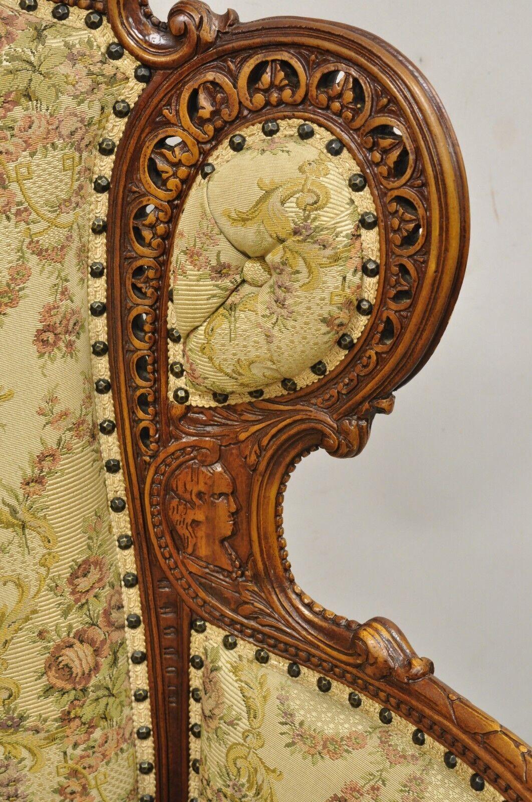 Antique French Renaissance Carved Walnut Figural Fireside Lounge Wingback Chair 5