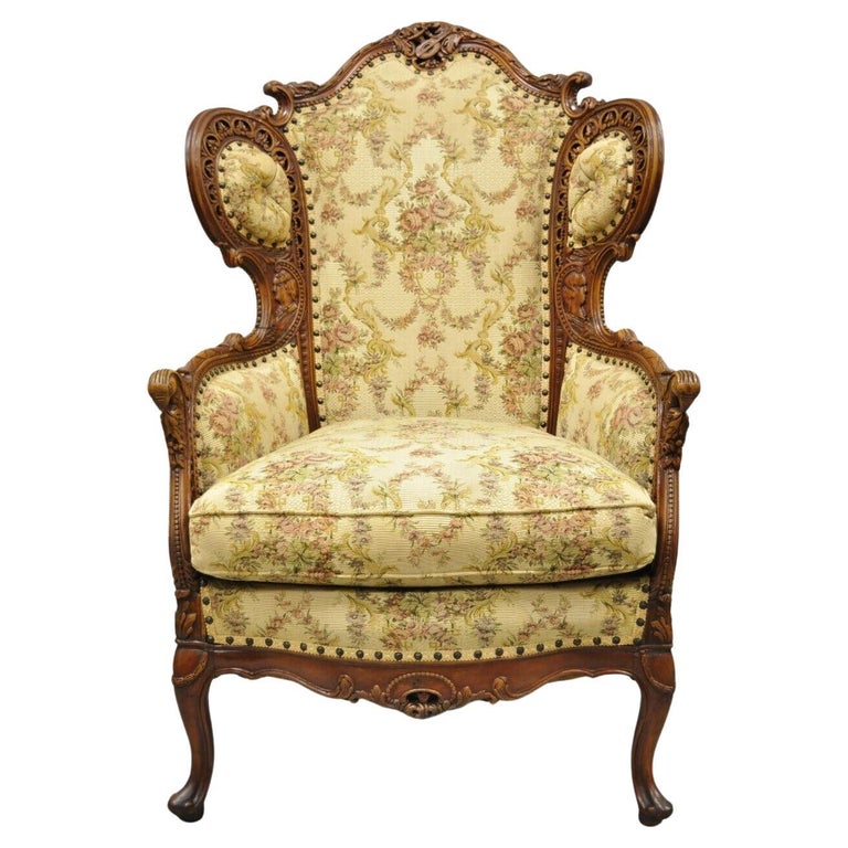 Antique French Renaissance Carved Walnut Figural Fireside Lounge