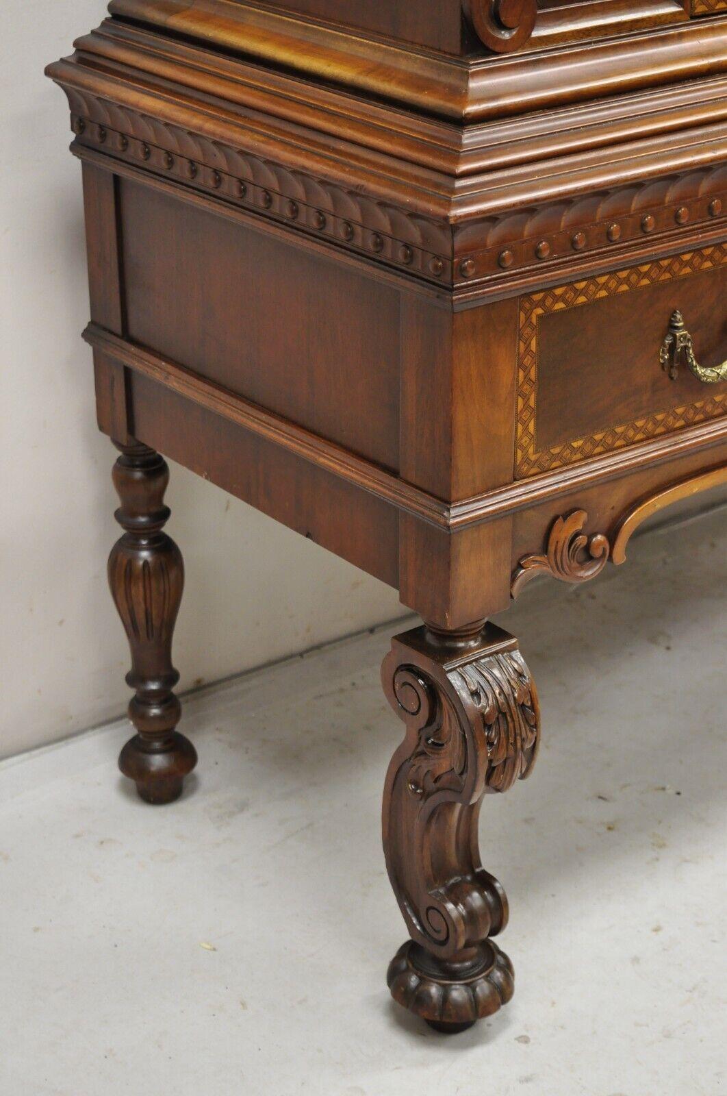 Antique French Renaissance Carved Walnut Floral Inlay Blind Door China Cabinet For Sale 7