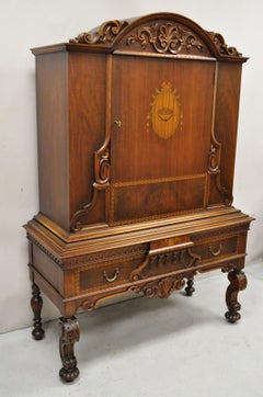 Antique French Renaissance Carved Walnut Floral Inlay Blind Door China Cabinet