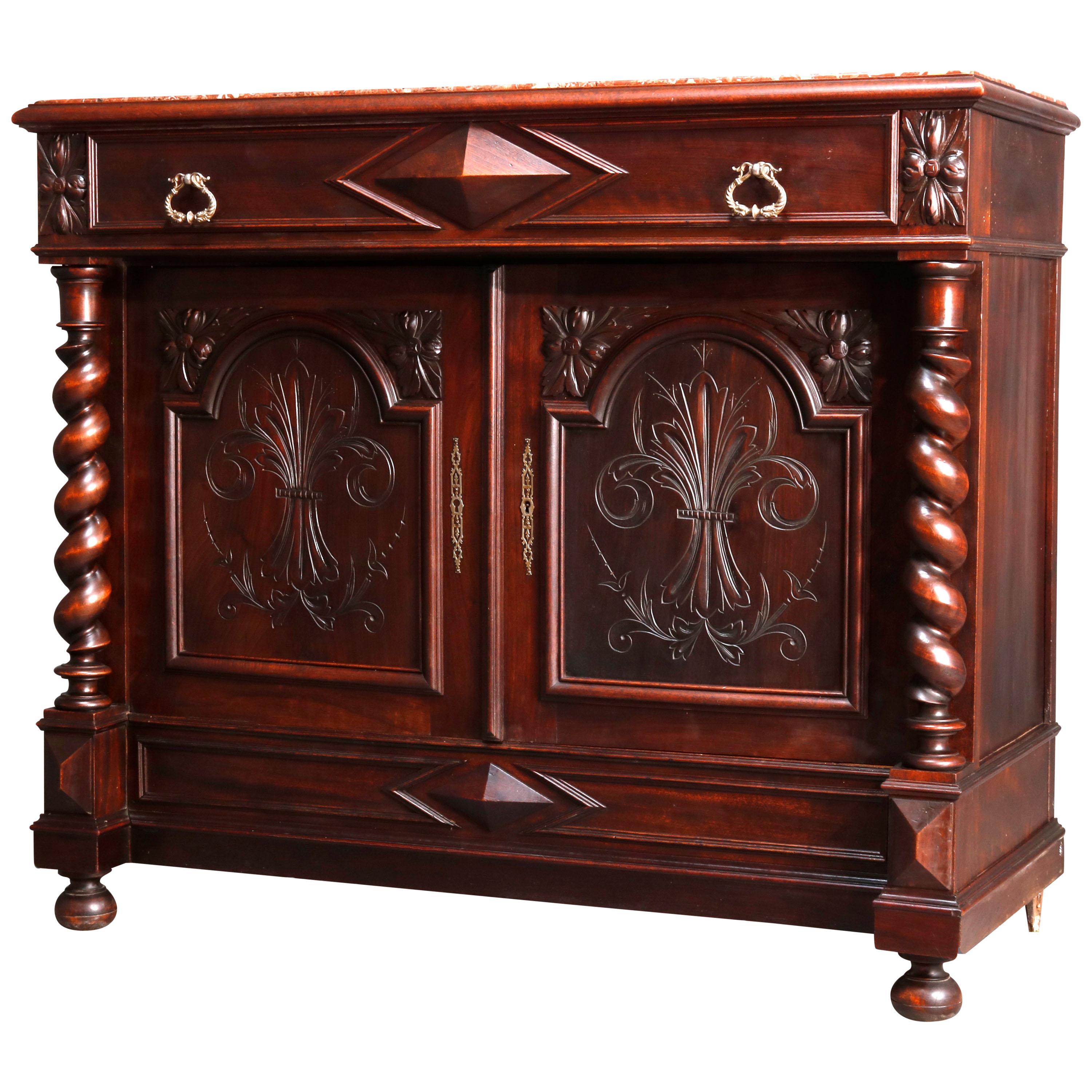 Antique French Renaissance Carved Walnut Marble Top Sideboard, 19th Century