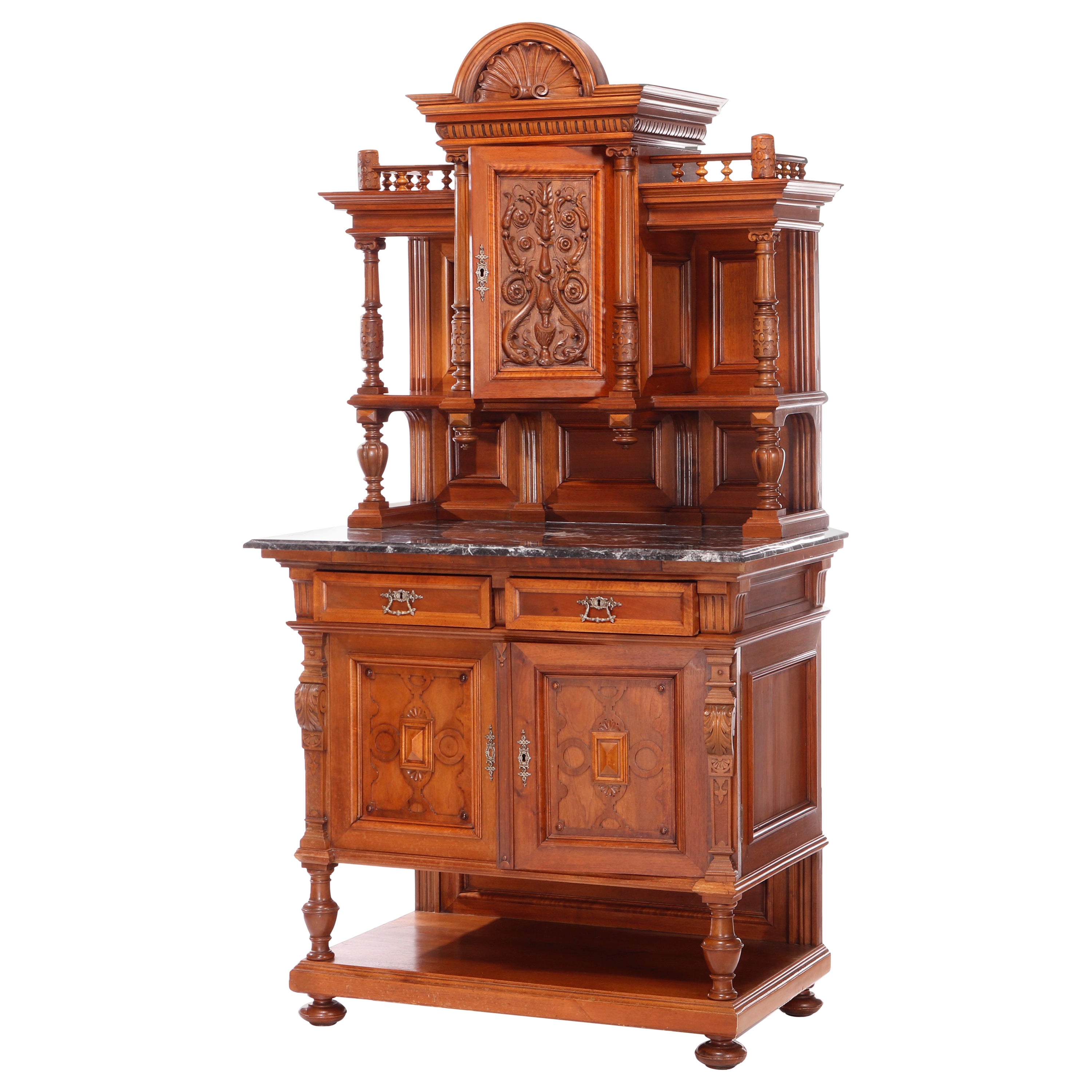 Antique French Renaissance Carved Walnut, Rosewood 
Marble Hunt Board c1890