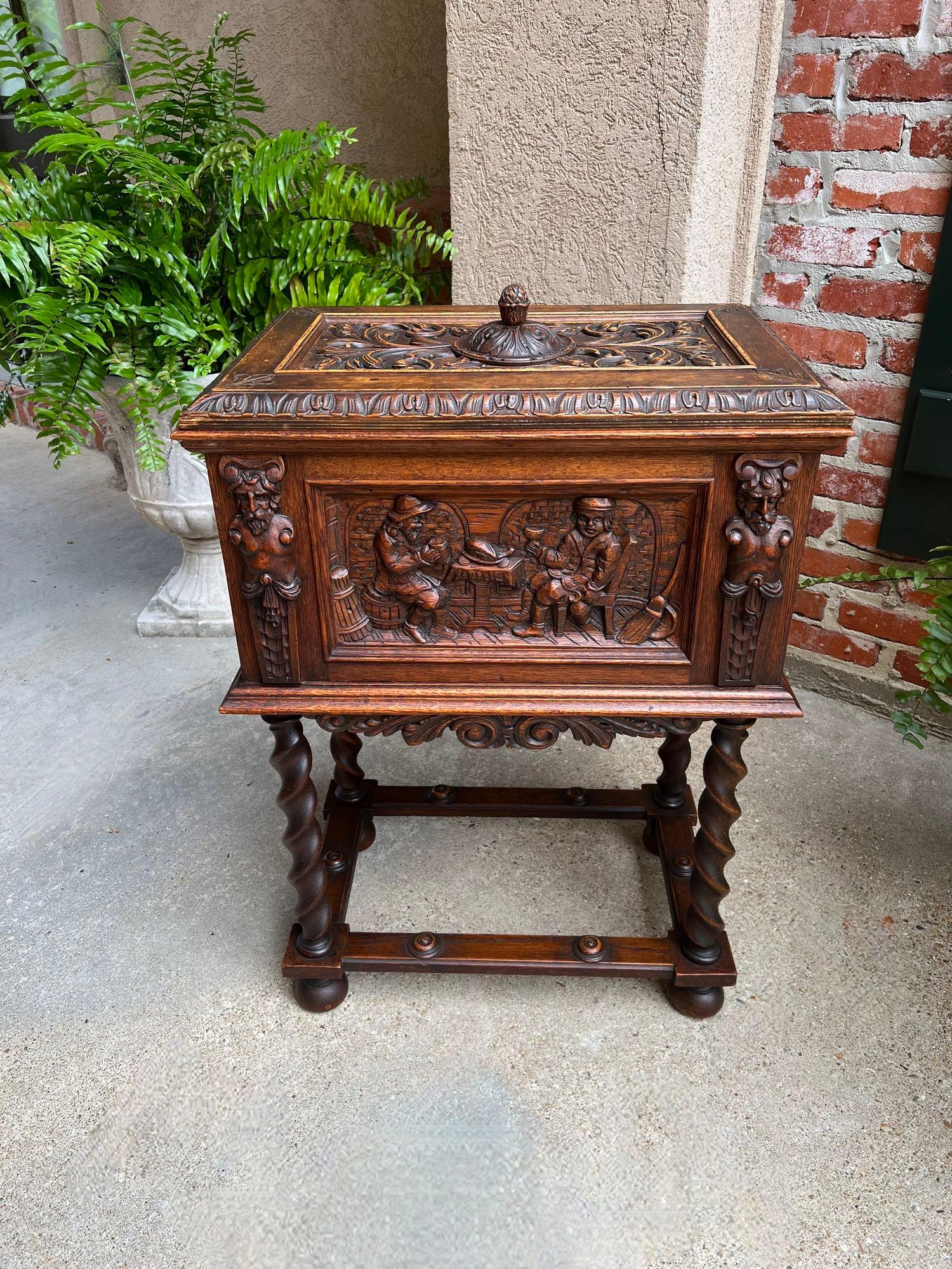 Antique French Renaissance Chest Box on Stand Breton Brittany Oak Barley Twist 8