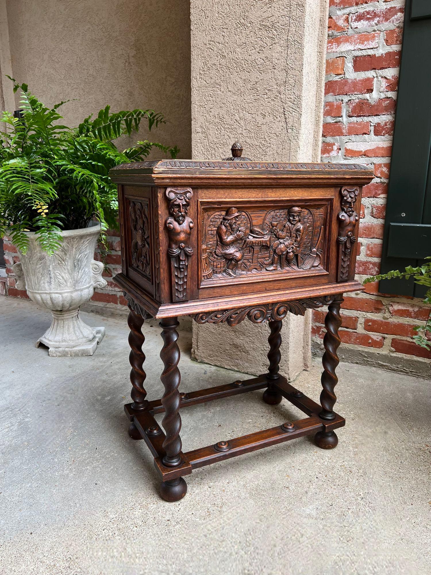 Antique French Renaissance Chest Box on Stand Breton Brittany Oak Barley Twist 9