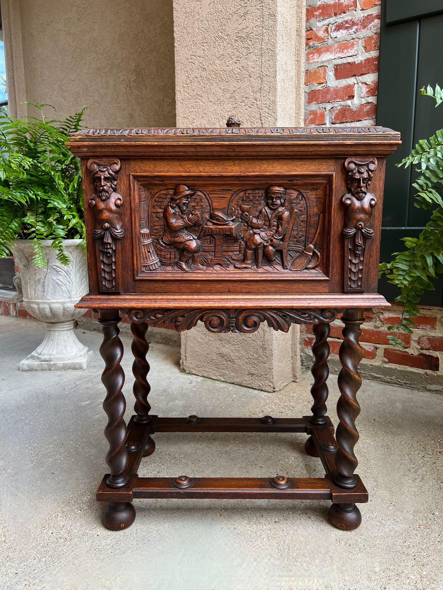 Antique French Renaissance Chest Box on Stand Breton Brittany Oak Barley Twist.

Direct from the Brittany region of France, a finely hand carved chest/box on stand, a fine conversation piece for any home, and imagine it, with a liner as wine cooler