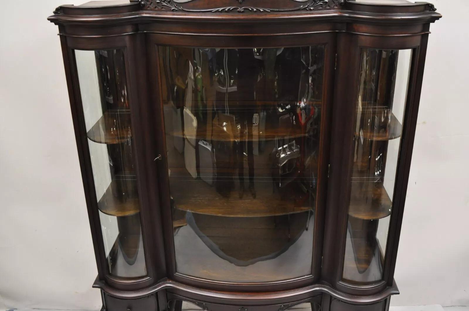 Antique French Renaissance Dark Walnut Triple Bowed Glass China Cabinet For Sale 5