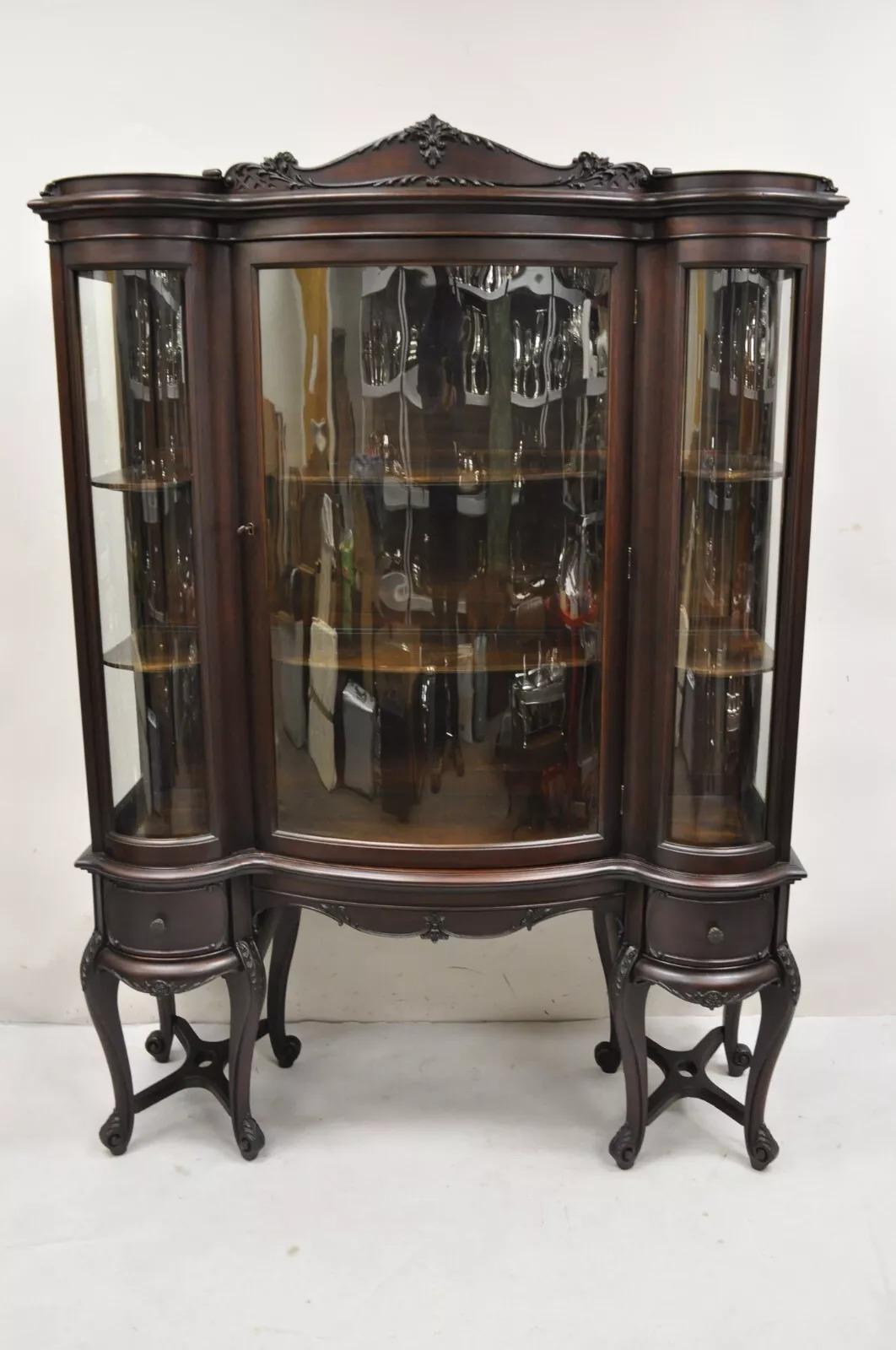 Antique French Renaissance Dark Walnut Triple Bowed Glass China Cabinet For Sale 6