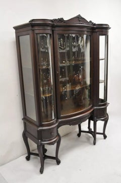 Antique French Renaissance Dark Walnut Triple Bowed Glass China Cabinet