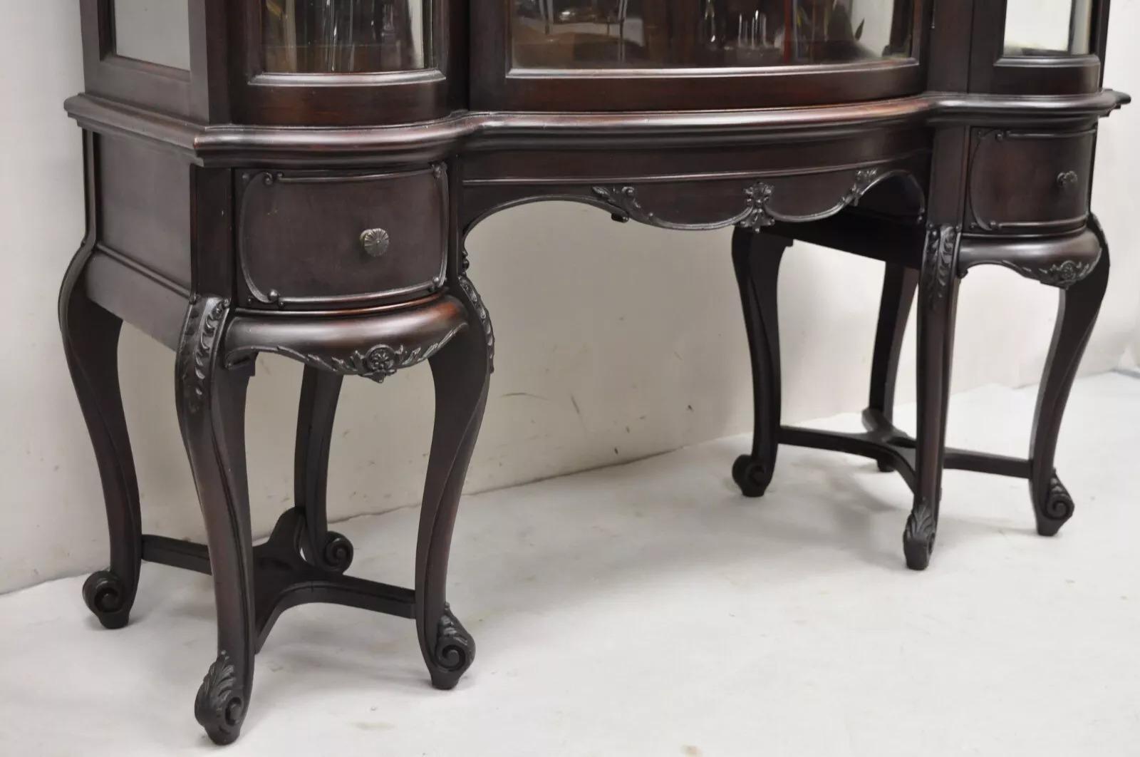 Antique French Renaissance Dark Walnut Triple Bowed Glass China Cabinet In Good Condition For Sale In Philadelphia, PA