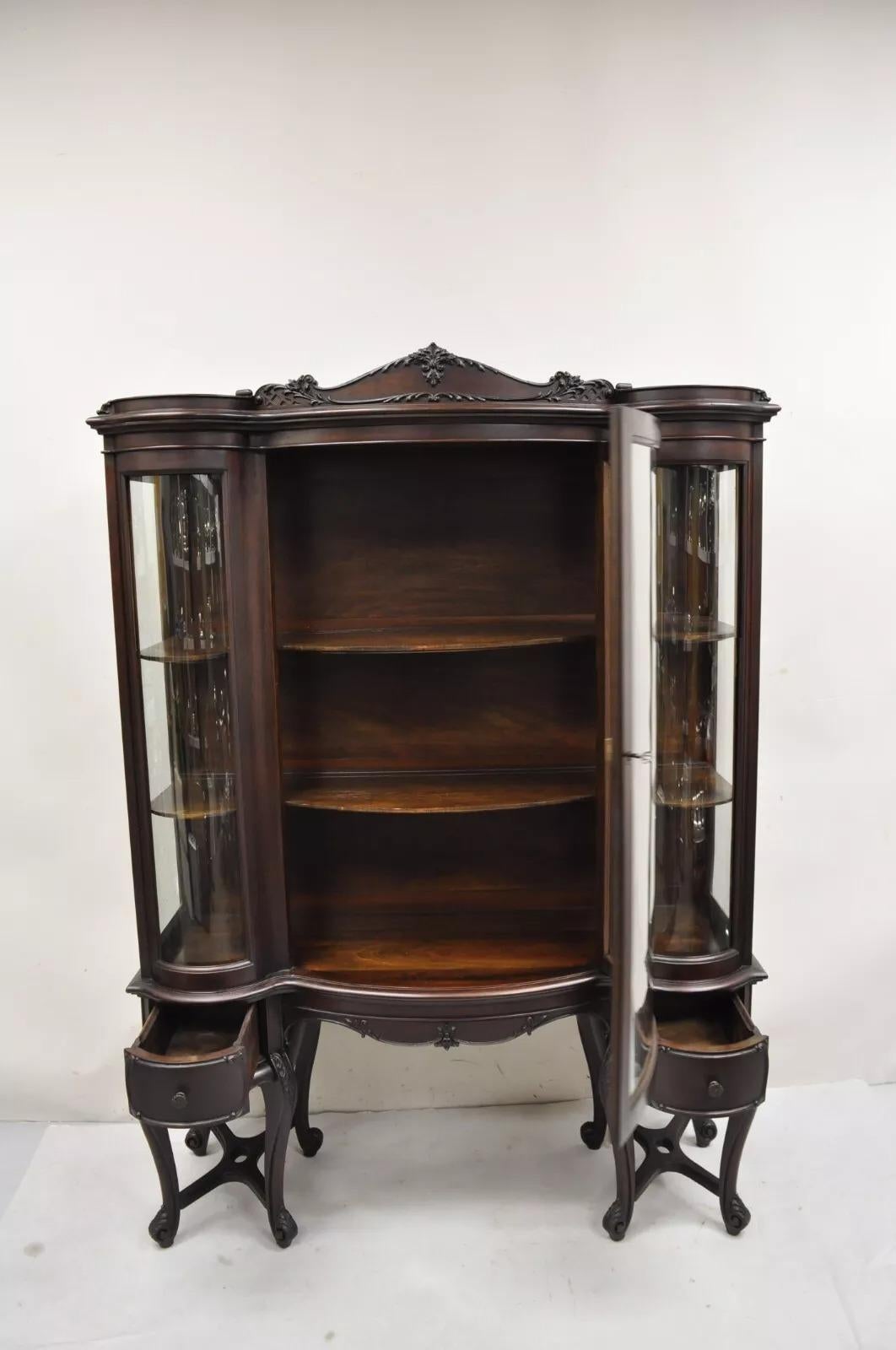 Antique French Renaissance Dark Walnut Triple Bowed Glass China Cabinet For Sale 1