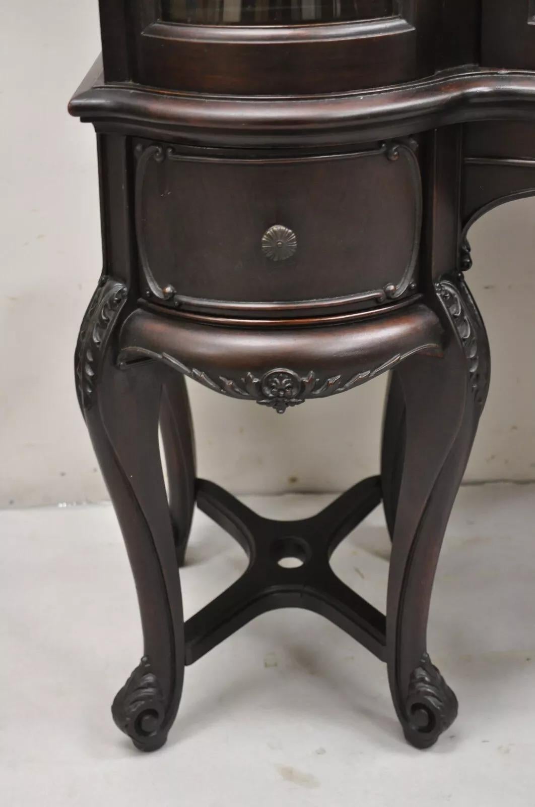 Antique French Renaissance Dark Walnut Triple Bowed Glass China Cabinet For Sale 3