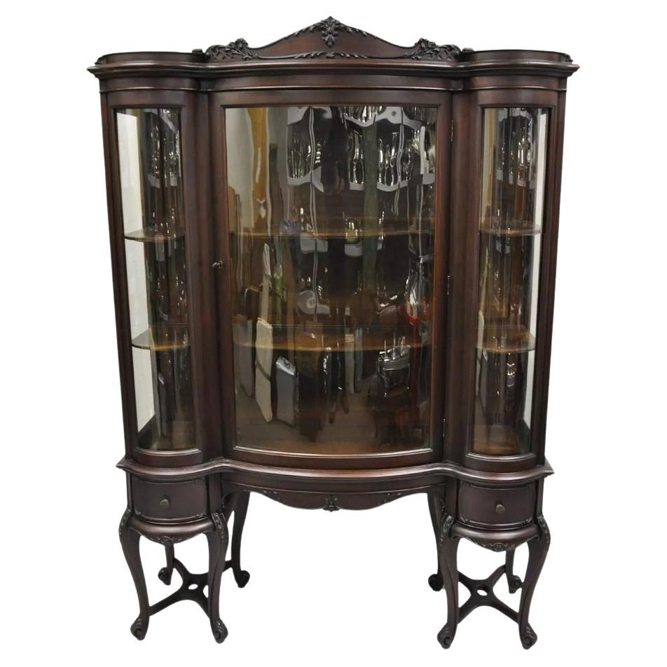 Antique French Renaissance Dark Walnut Triple Bowed Glass China Cabinet