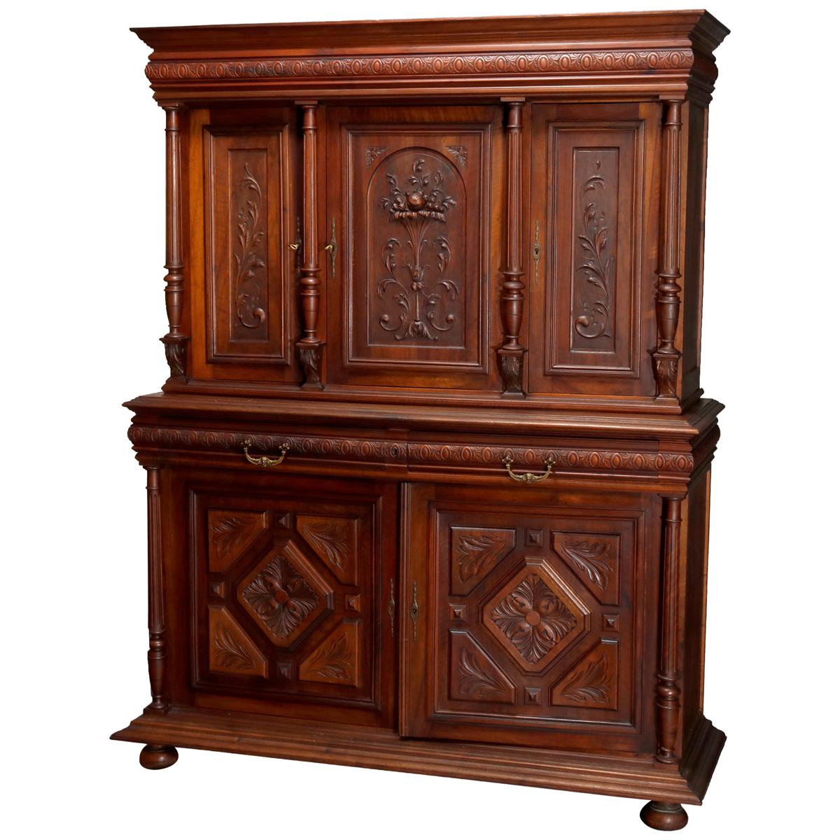 Antique French Renaissance Deeply Carved Walnut Cupboard, 19th Century