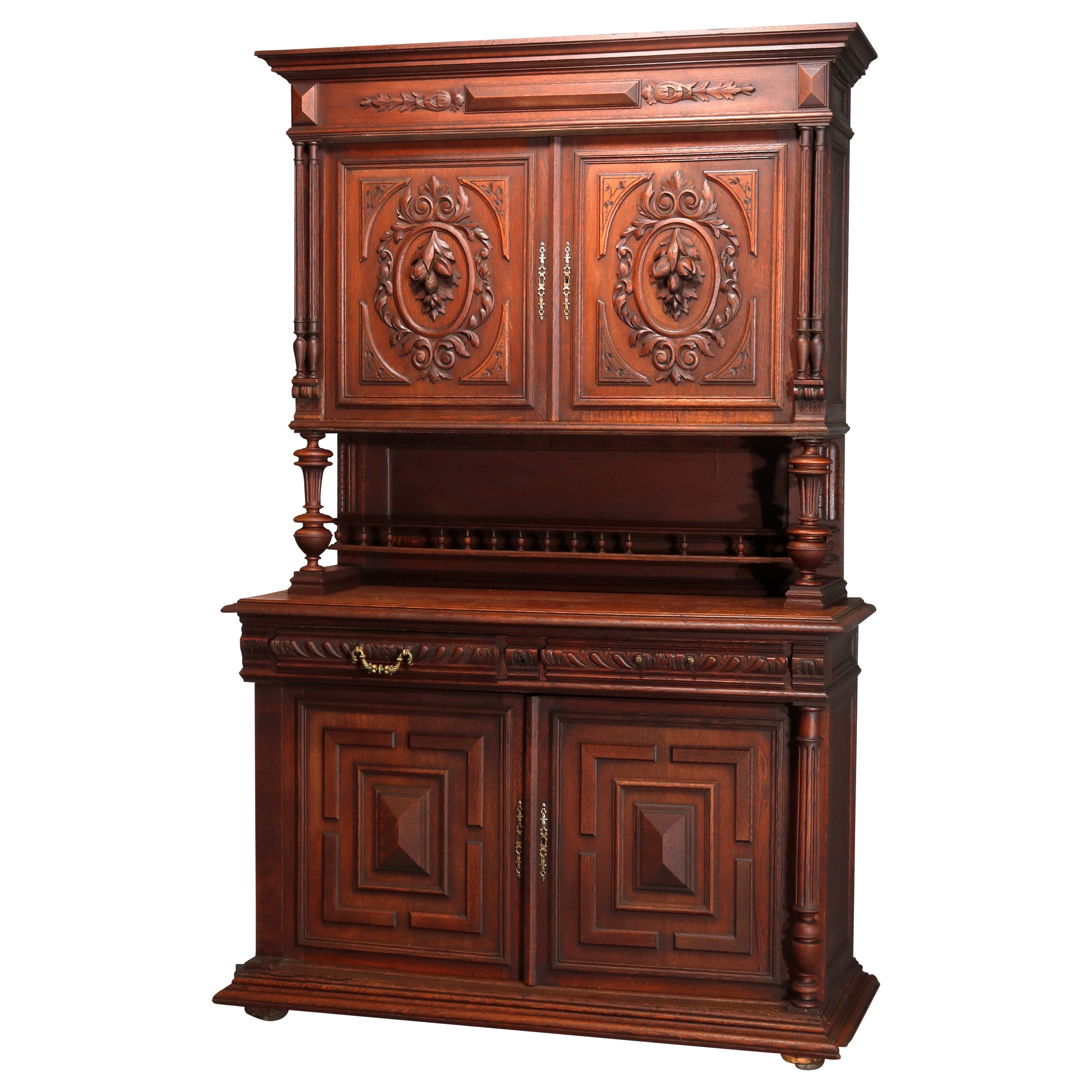 Antique French Renaissance Deeply Carved Walnut Hunt Cupboard, 19th Century For Sale
