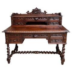 Antique French Renaissance DESK Barley Twist Carved Oak Office Library
