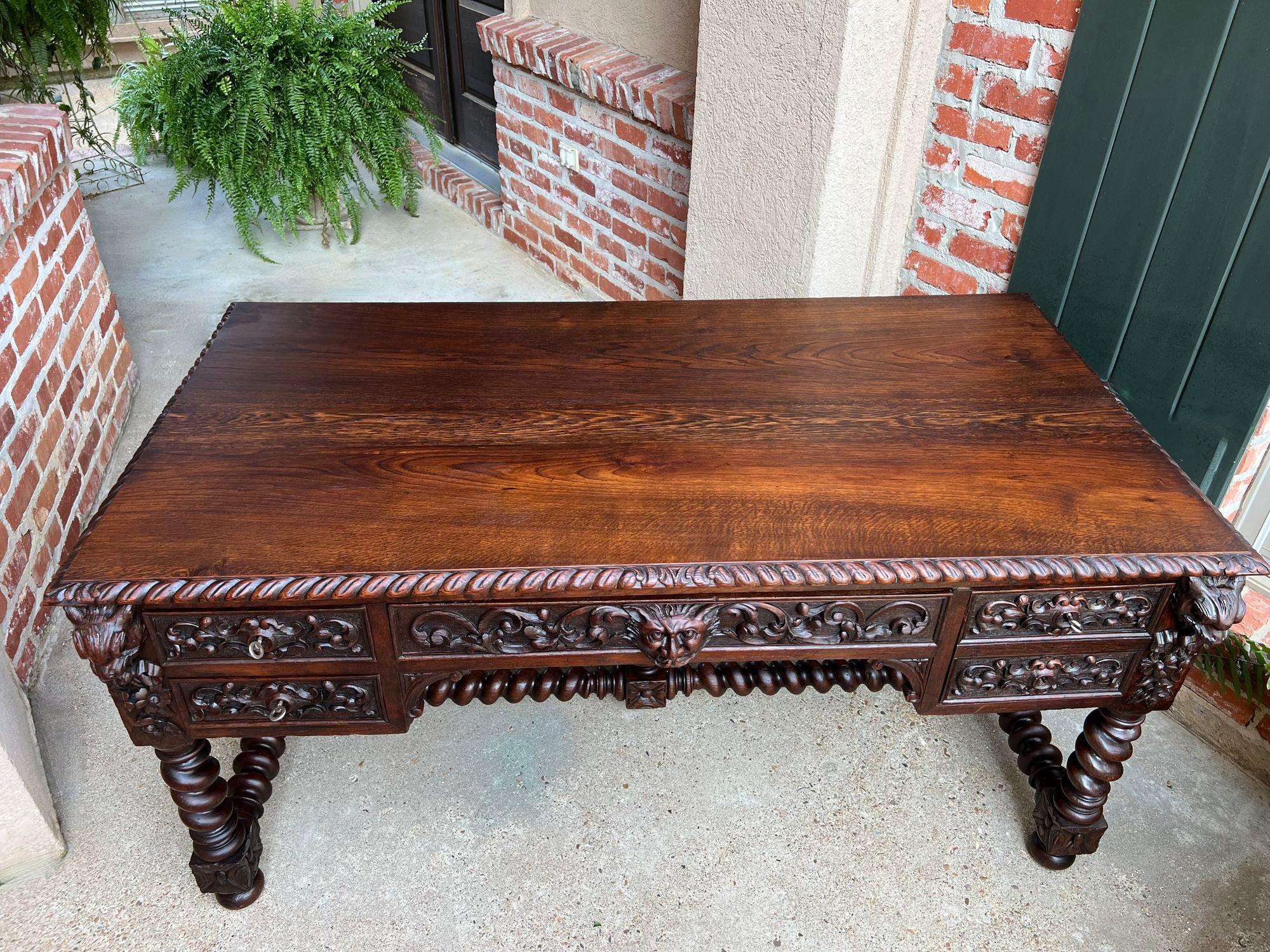 Antique French Renaissance Desk Carved Oak Barley Twist Office Library Table 4