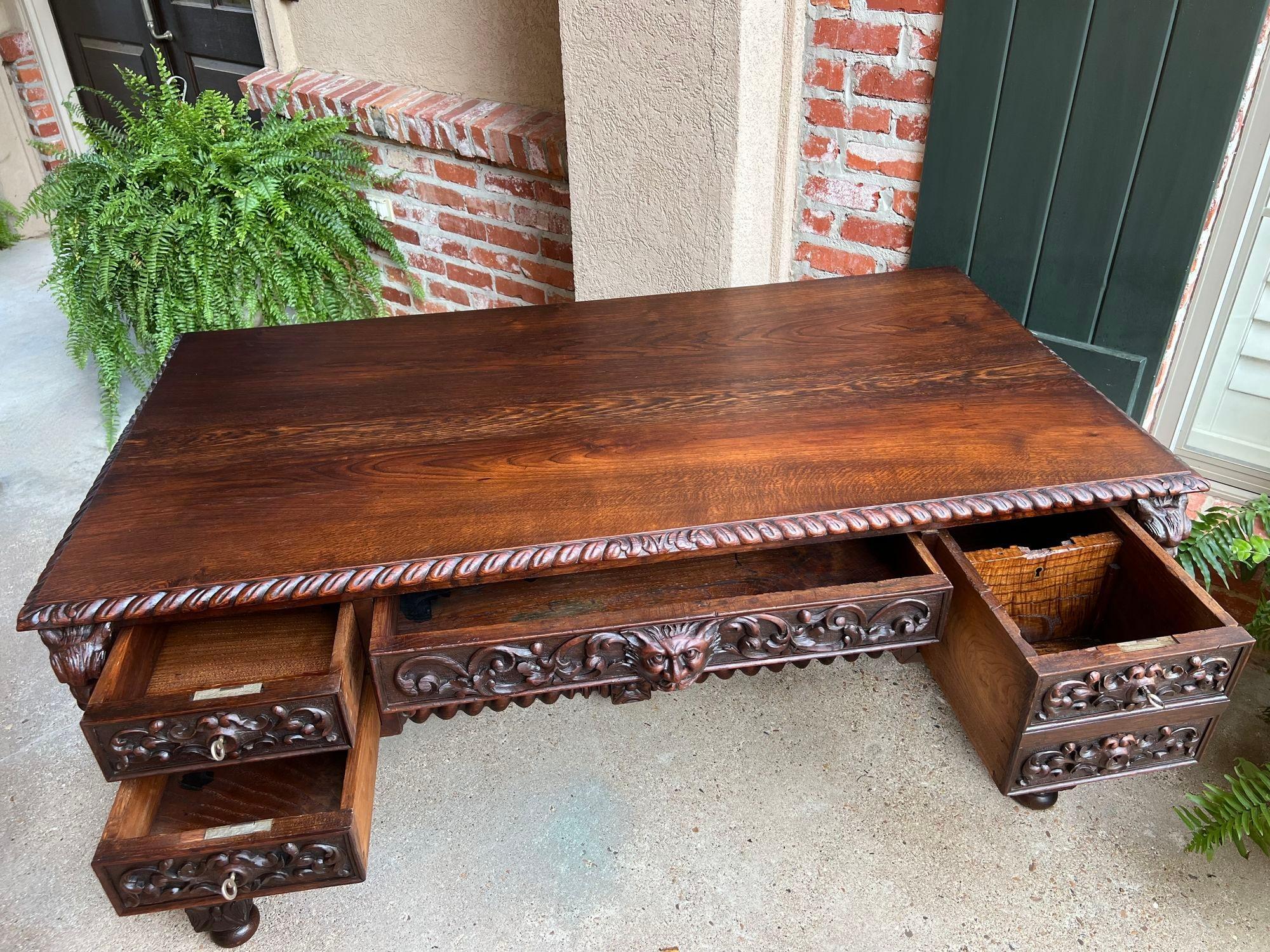 Antique French Renaissance Desk Carved Oak Barley Twist Office Library Table 6