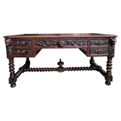 Antique French Renaissance Desk Carved Oak Barley Twist Office Library Table
