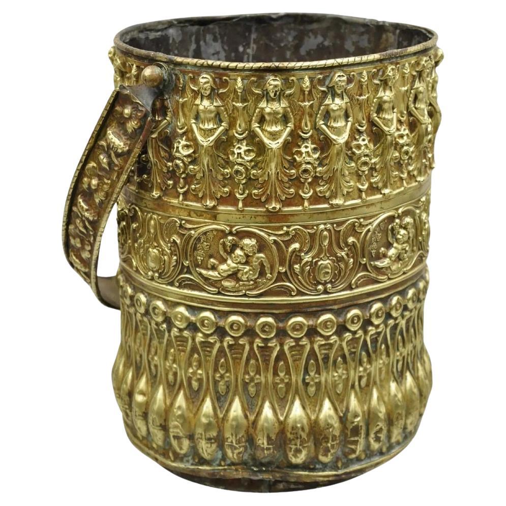 Antique French Renaissance Figural Brass Repousse Fireplace Coal Scuttle Bucket