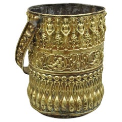 Antique French Renaissance Figural Brass Repousse Fireplace Coal Scuttle Bucket
