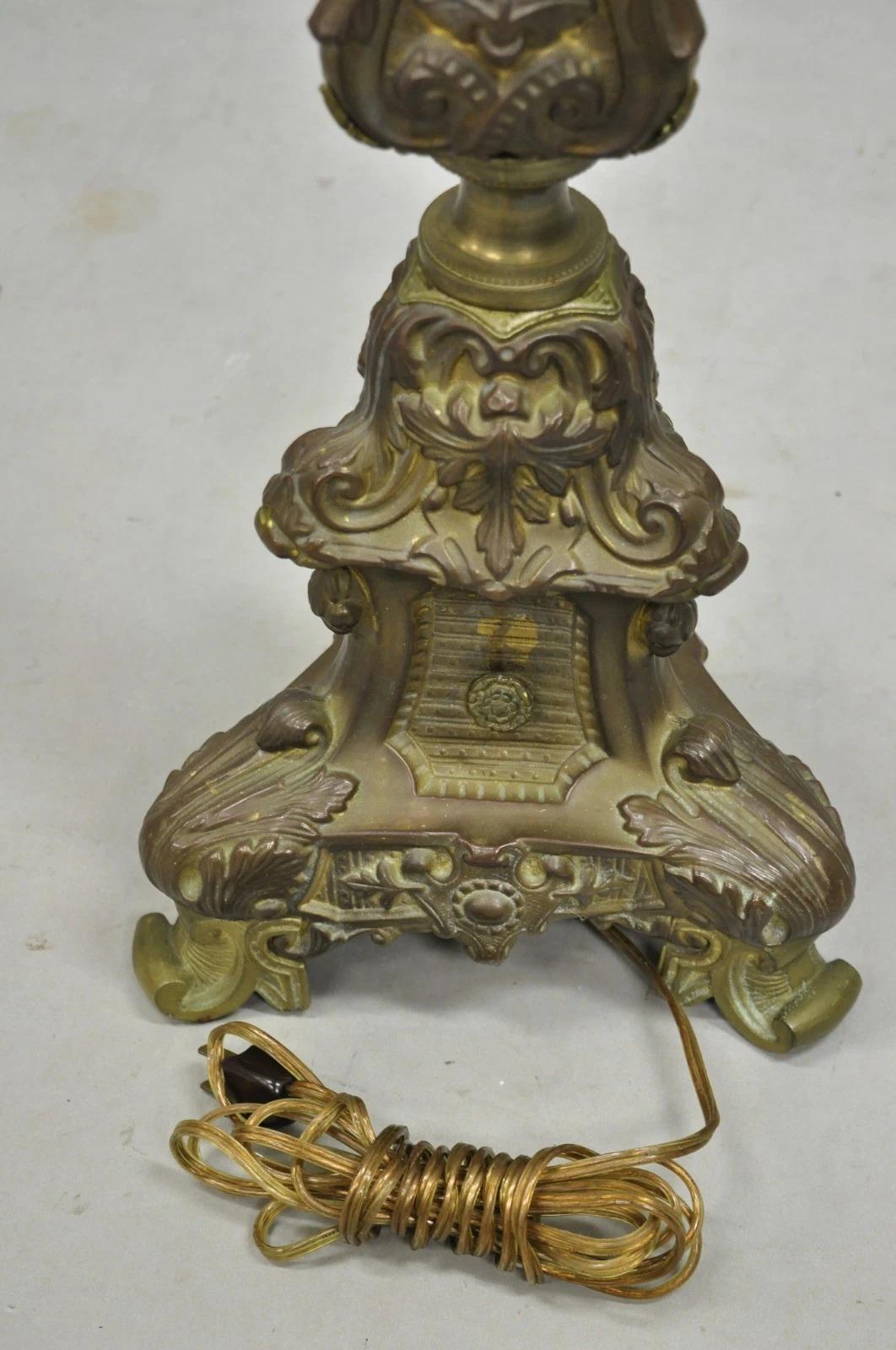 Antique French Renaissance Figural Brass Repousse Tall Candlestick Table Lamp For Sale 5