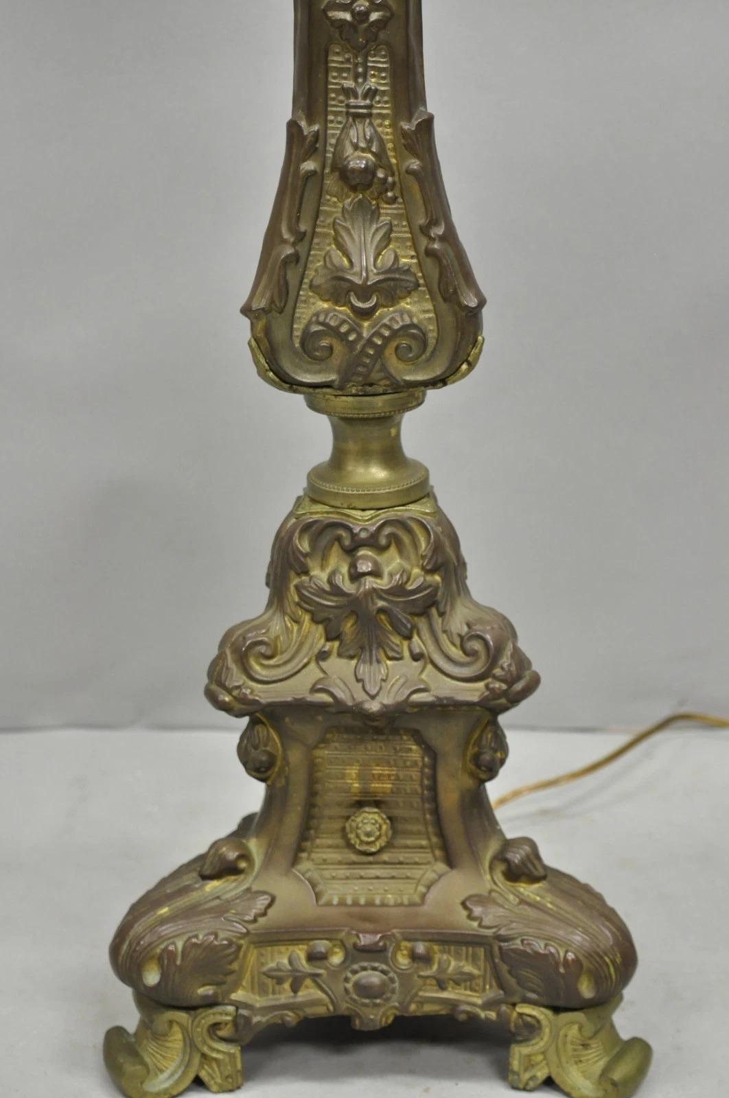 Antique French Renaissance Figural Brass Repousse Tall Candlestick Table Lamp For Sale 6