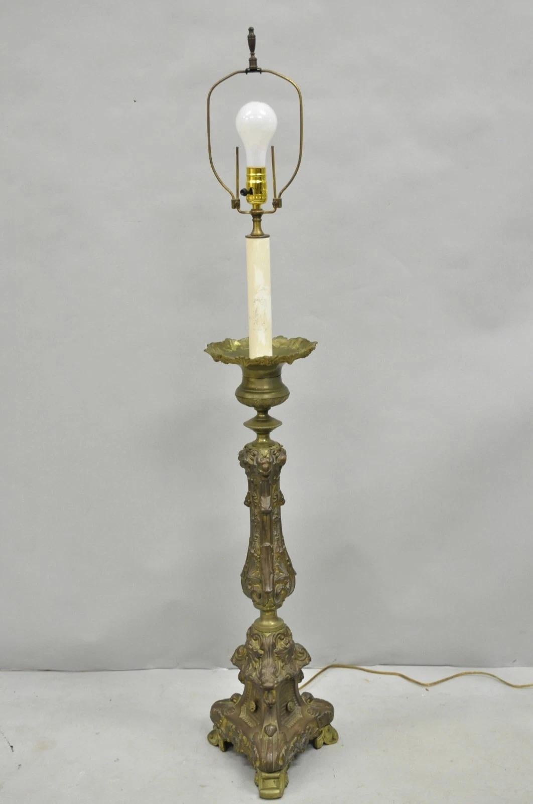 Antique French Renaissance Figural Brass Repousse Tall Candlestick Table Lamp For Sale 7