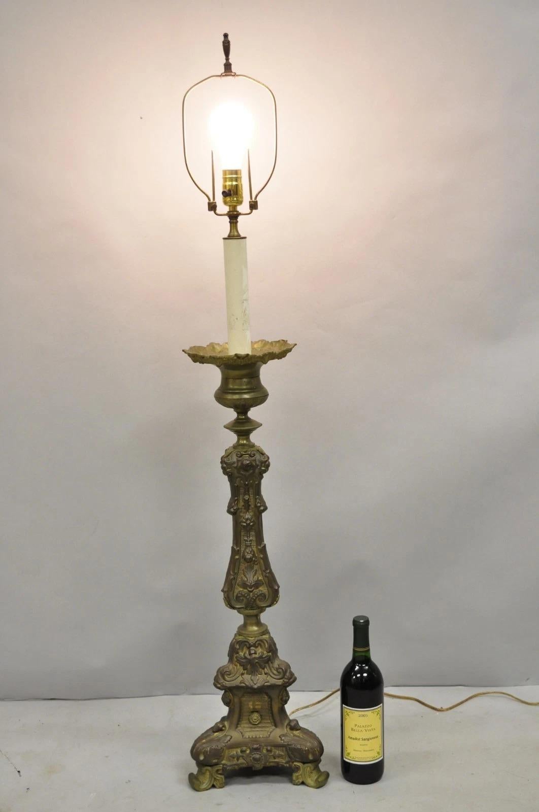 Antique French Renaissance Figural Brass Repousse Tall Candlestick Table Lamp. Circa Early 20th Century. Measurements: 50