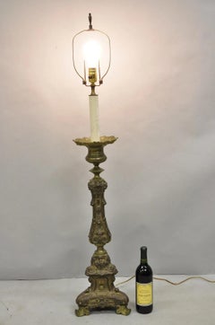 Antique French Renaissance Figural Brass Repousse Tall Candlestick Table Lamp