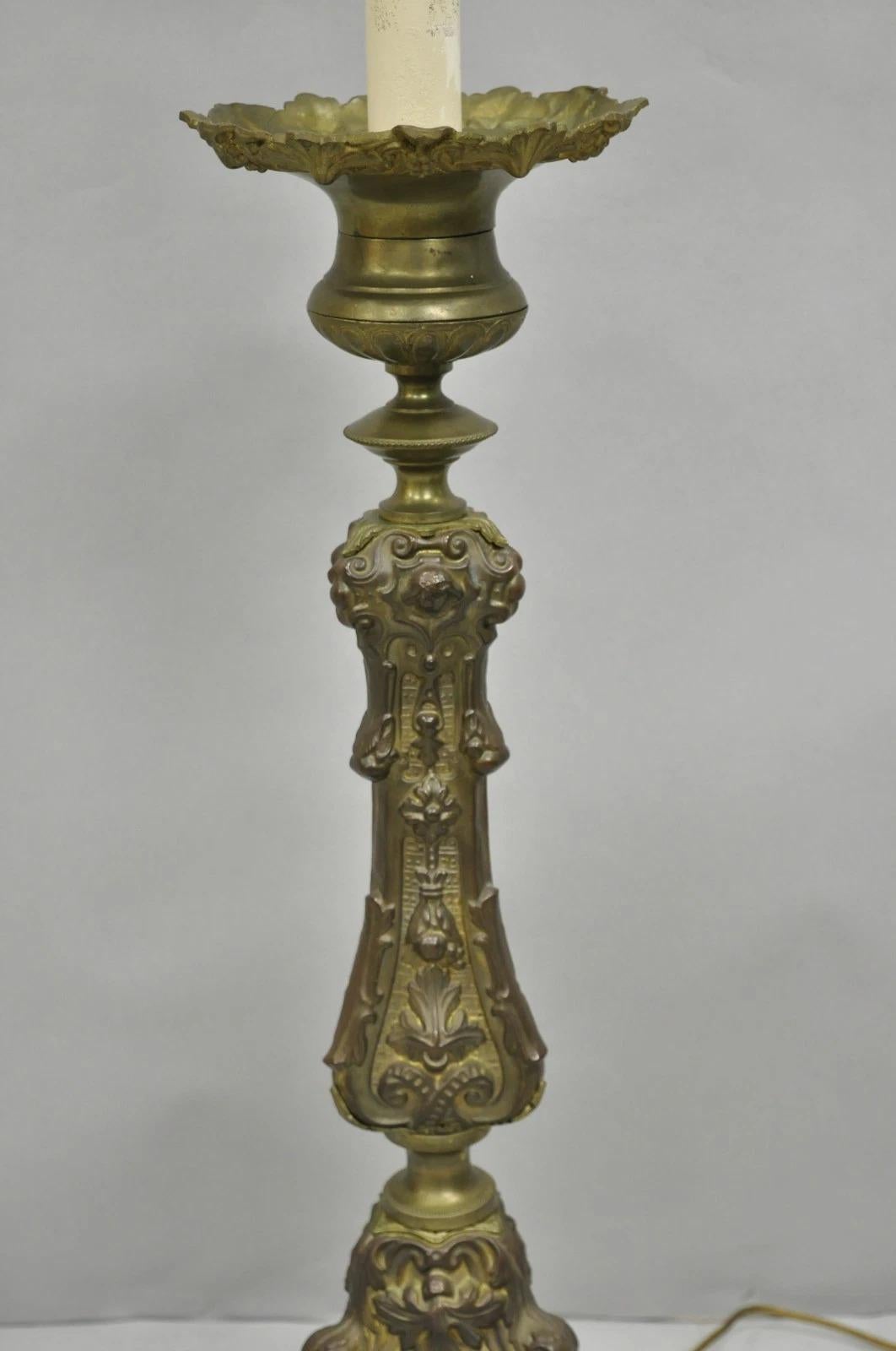 Unknown Antique French Renaissance Figural Brass Repousse Tall Candlestick Table Lamp For Sale