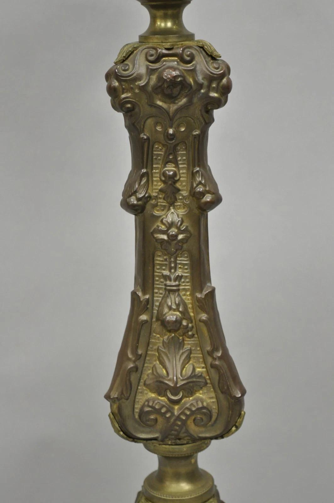 Antique French Renaissance Figural Brass Repousse Tall Candlestick Table Lamp In Good Condition For Sale In Philadelphia, PA