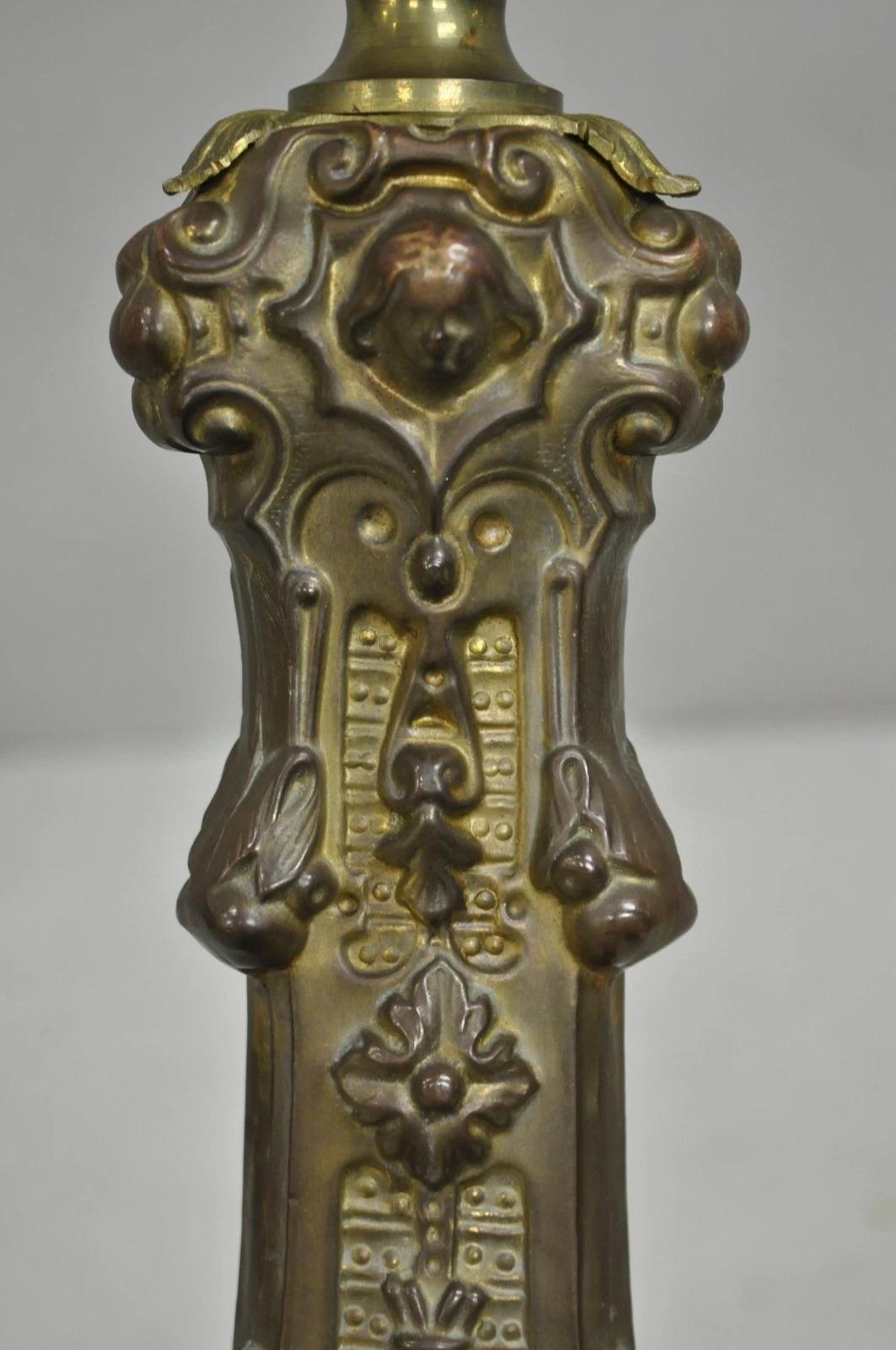 20th Century Antique French Renaissance Figural Brass Repousse Tall Candlestick Table Lamp For Sale