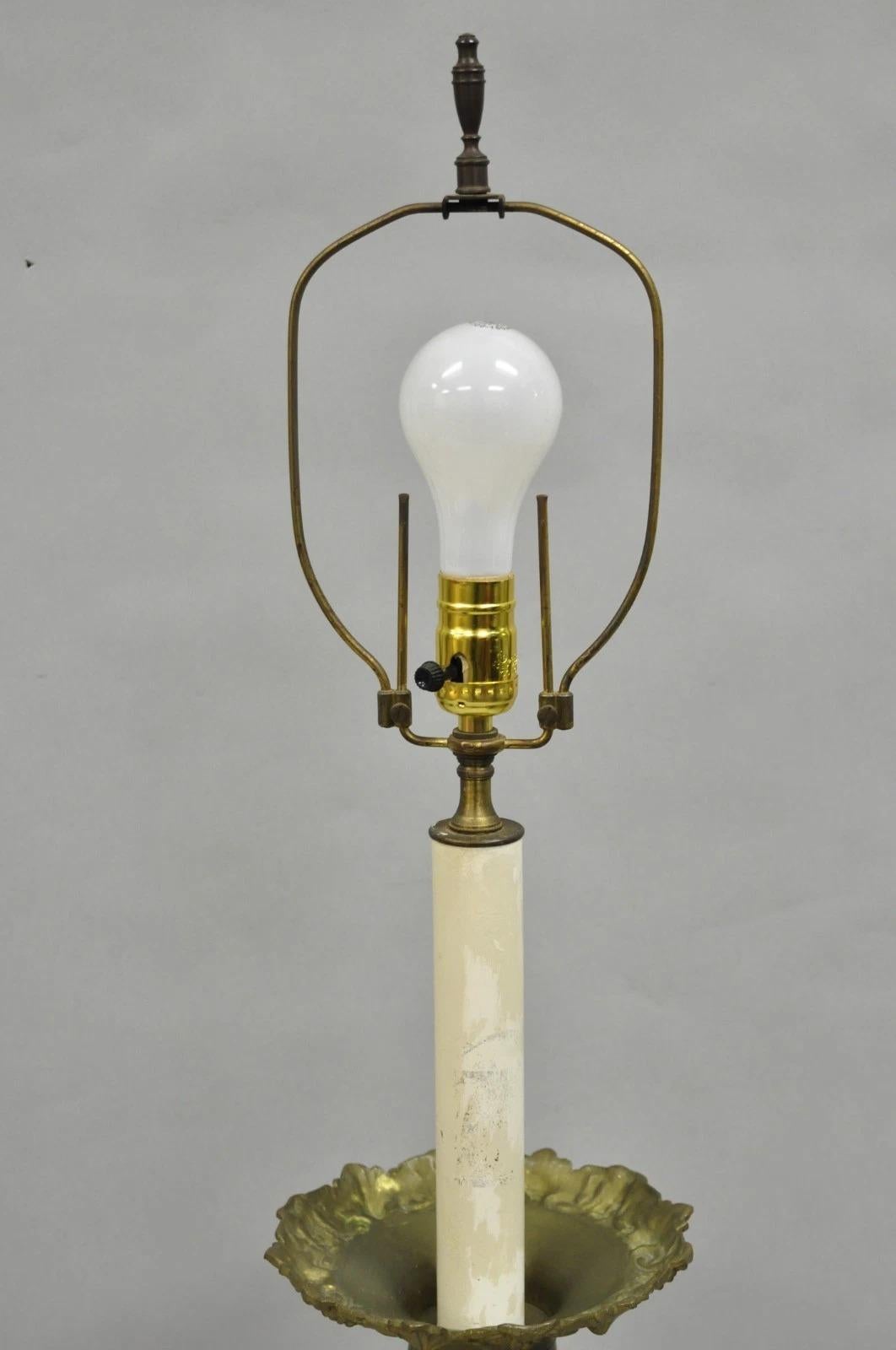 Antique French Renaissance Figural Brass Repousse Tall Candlestick Table Lamp For Sale 1