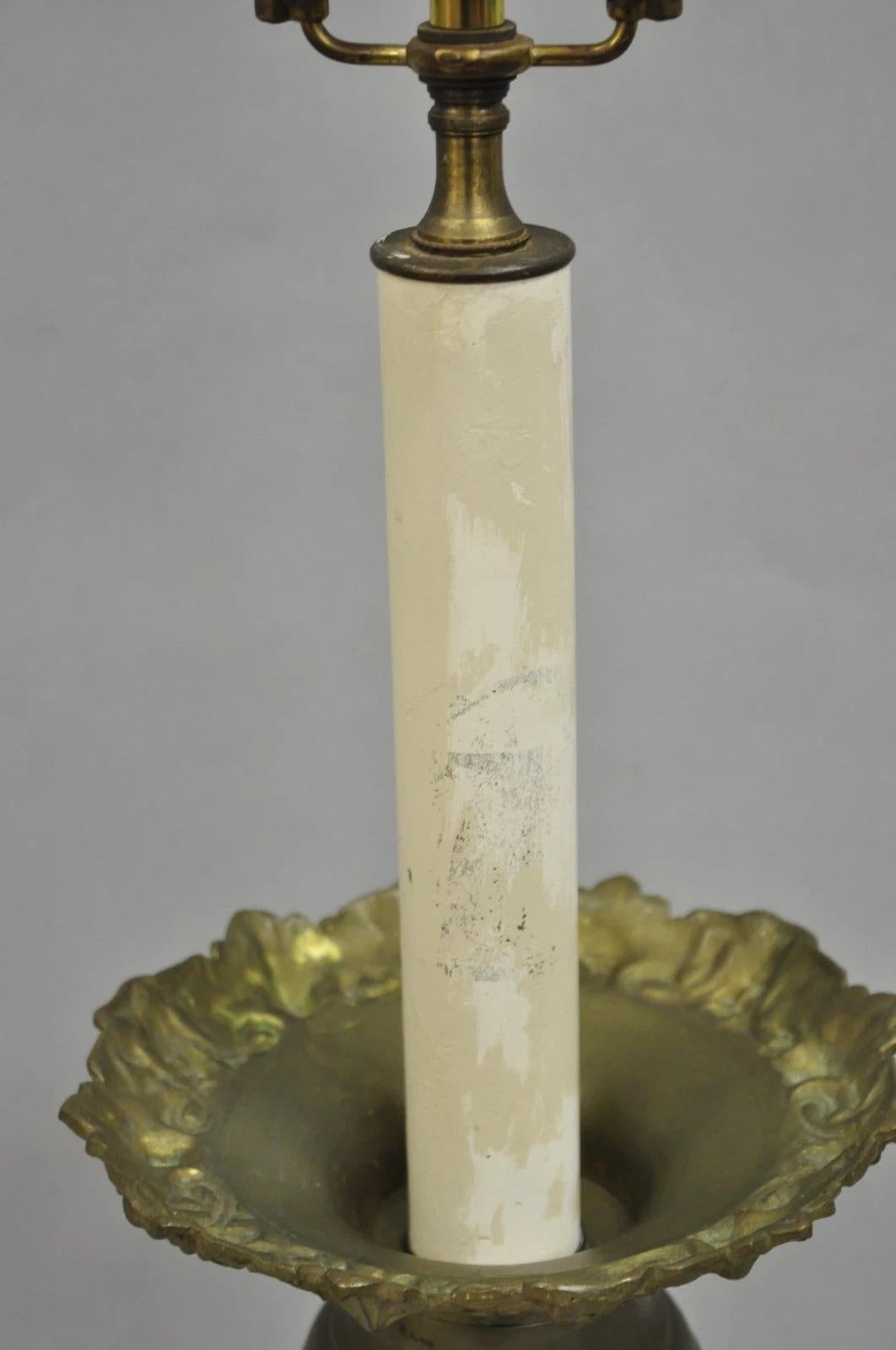 Antique French Renaissance Figural Brass Repousse Tall Candlestick Table Lamp For Sale 2