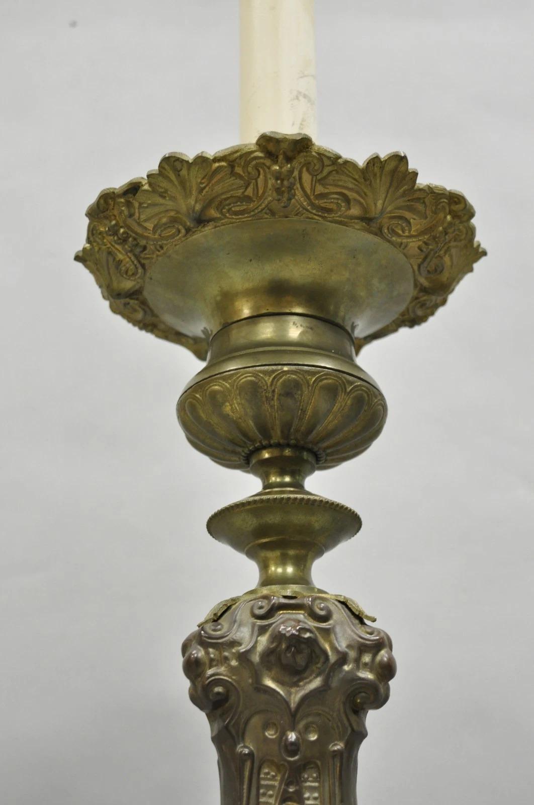 Antique French Renaissance Figural Brass Repousse Tall Candlestick Table Lamp For Sale 3