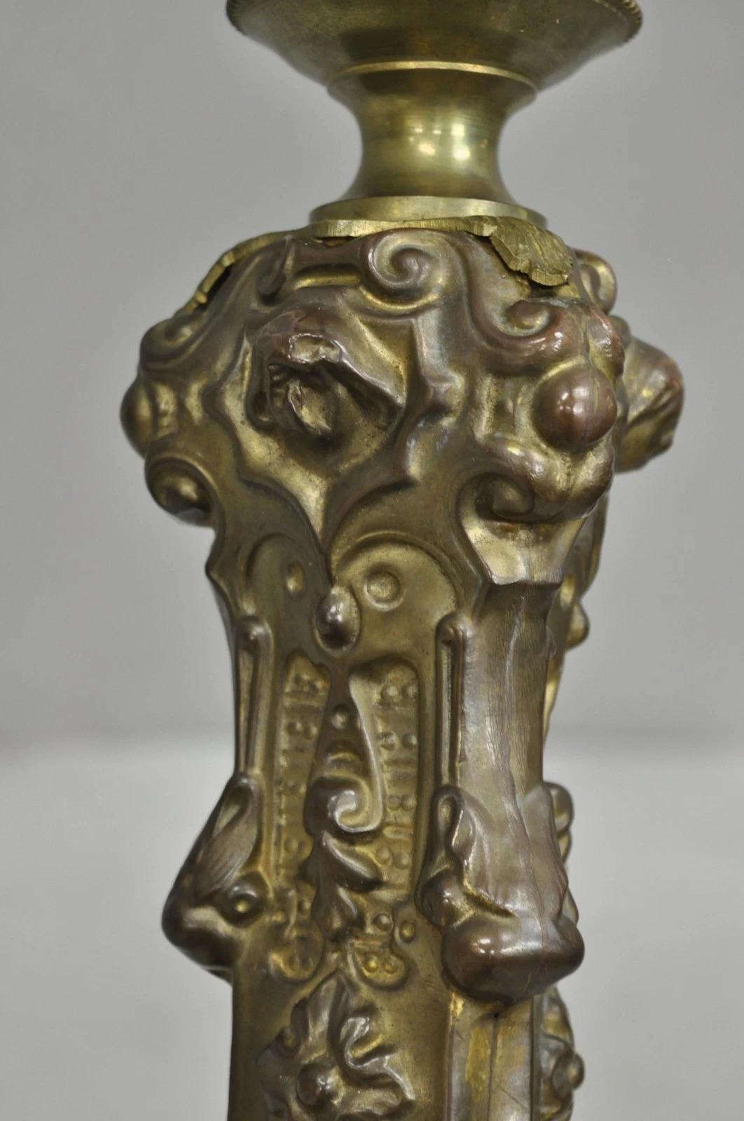 Antique French Renaissance Figural Brass Repousse Tall Candlestick Table Lamp For Sale 4