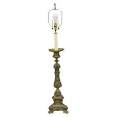 Antique French Renaissance Figural Brass Repousse Tall Candlestick Table Lamp