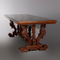 Antique French Renaissance Figural Carved Long Library Table, circa 1890