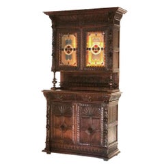 Antique French Renaissance Figural Carved Oak & Stained Glass Huntboard C1890