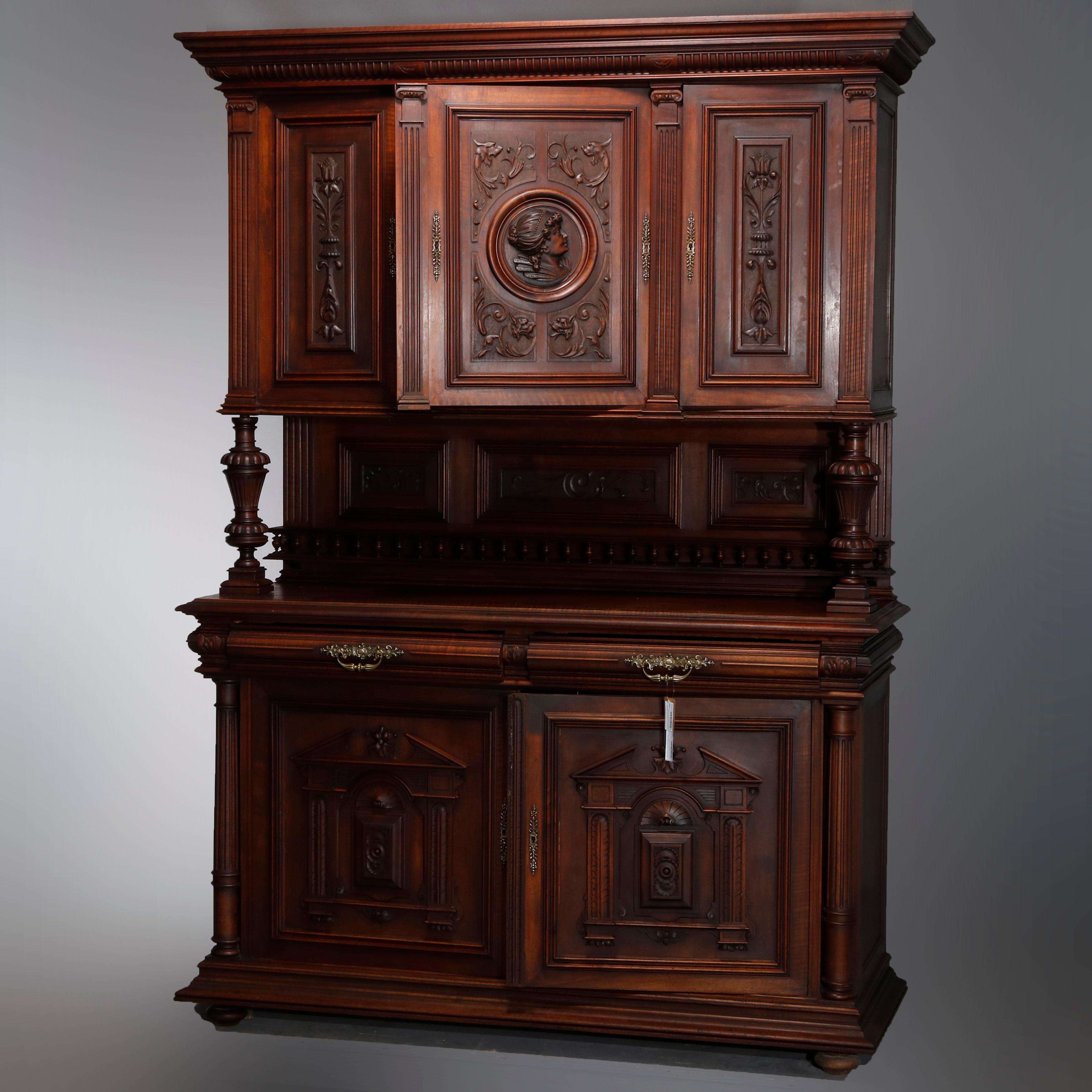 Antique French Renaissance Figural Carved Walnut Hunt Cupboard, 19th Century 4