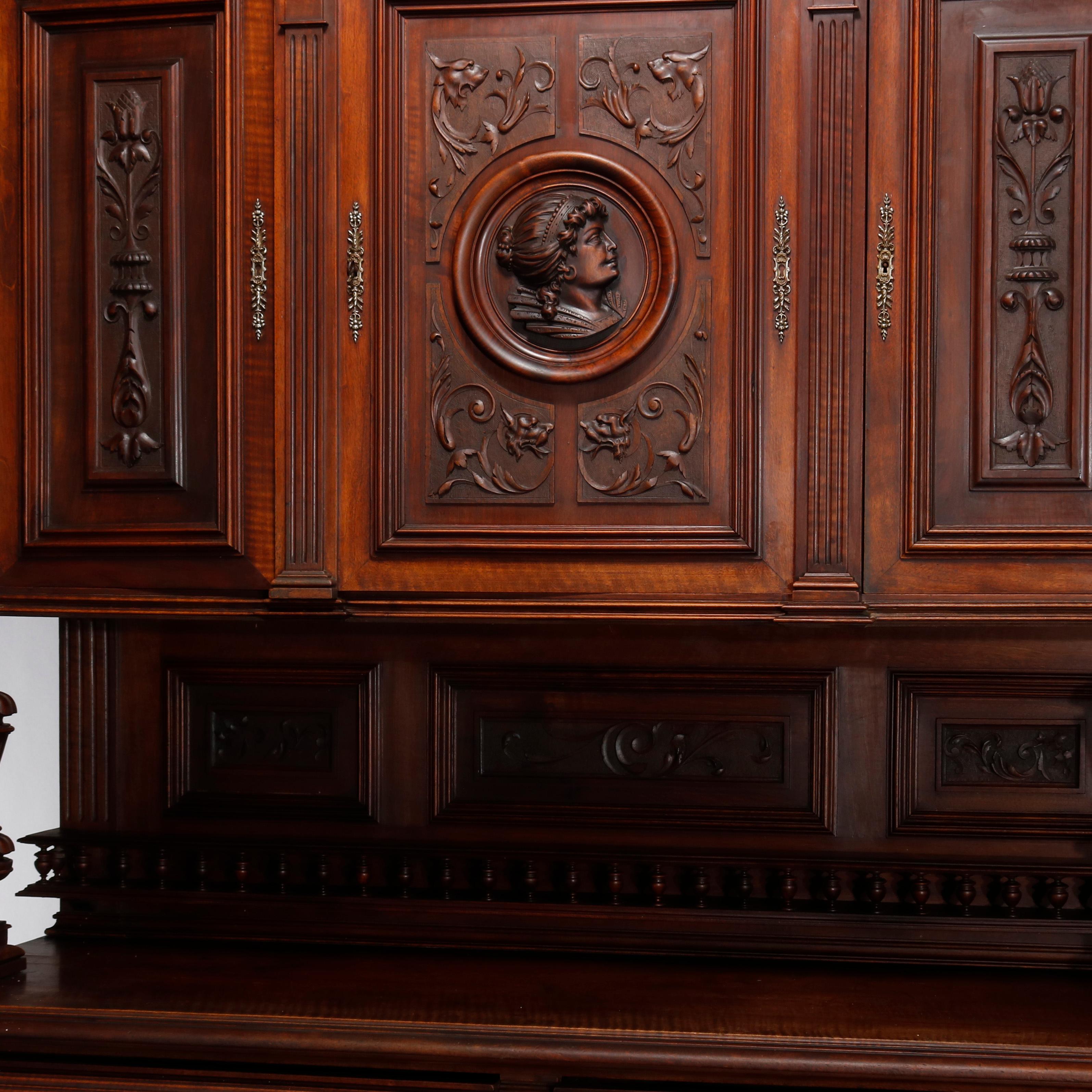 Antique French Renaissance Figural Carved Walnut Hunt Cupboard, 19th Century 6