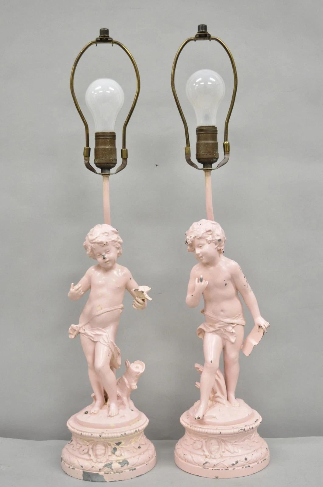 Antique French Renaissance Figural Spelter Metall Figural Cherub Tischlampen Paar im Angebot 7