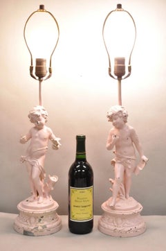 Antique French Renaissance Figural Spelter Metal Figural Cherub Table Lamps Pair