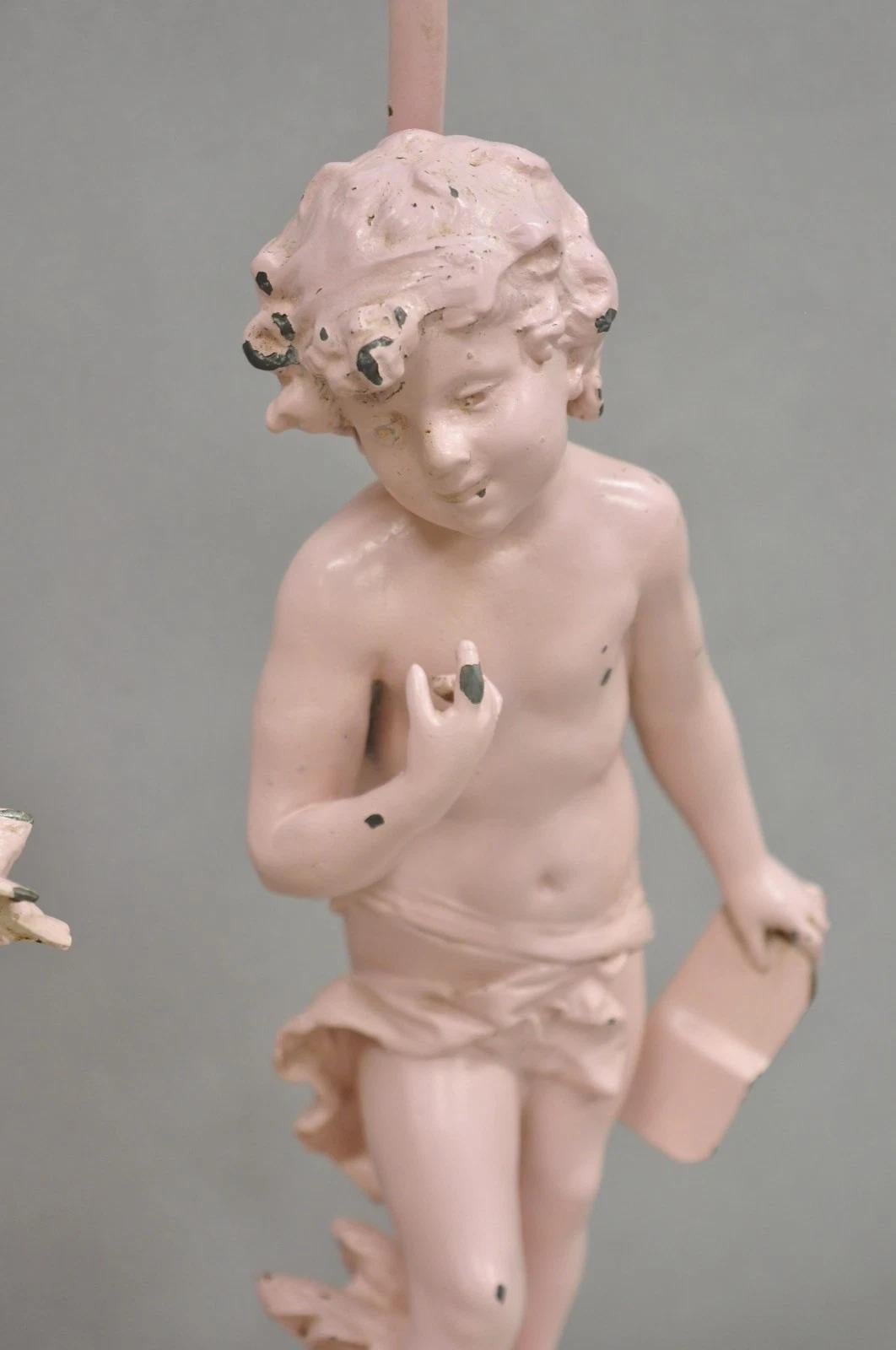 Antique French Renaissance Figural Spelter Metall Figural Cherub Tischlampen Paar im Angebot 1