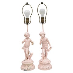 Antique French Renaissance Figural Spelter Metall Figural Cherub Tischlampen Paar